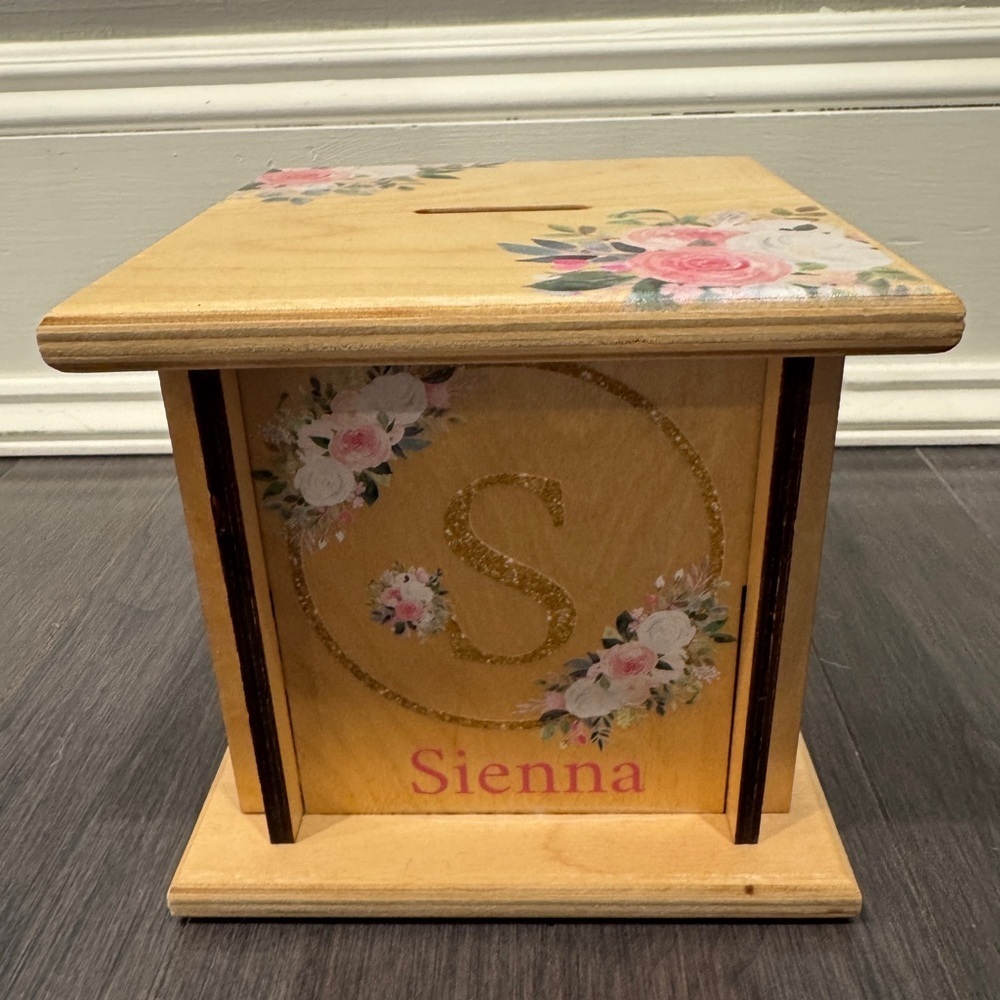Sienna Floral Solid Wood Square Piggy Bank - Picture 7 of 10